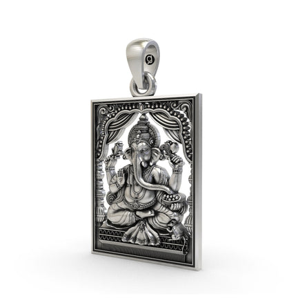 Antique Finish 925 Sterling Silver Lord Ganesha Rectangular Frame Pendant